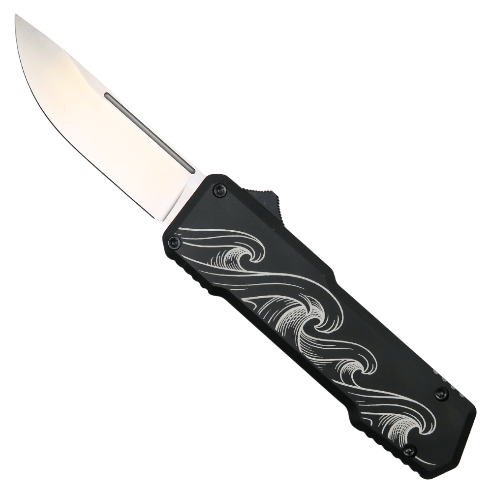 SOS Knives Ride the Wave Black OTF Knife, Satin Drop Point Blade