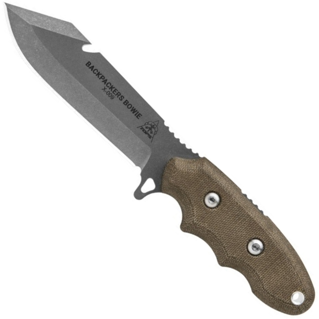 TOPS Backpacker's Bowie Fixed Blade Knife, Tumble Finish Blade BladeOps
