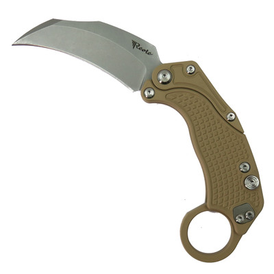 Reate EXO K Tan Gravity Knife, Stonewash Hawkbill Blade | BladeOps