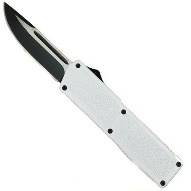 Lightning White OTF Automatic Knife, Black Drop Point Blade | BladeOps