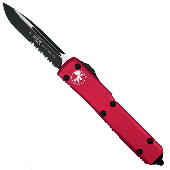 Microtech Ultratech OTF Knife, Red Handle, Two Tone Single Edge Part Serrated Blade, 121-2RD