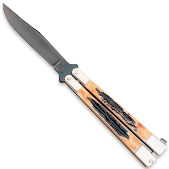 Bear & Son 517 India Stag Bone Balisong Butterfly Knife, Black Blade