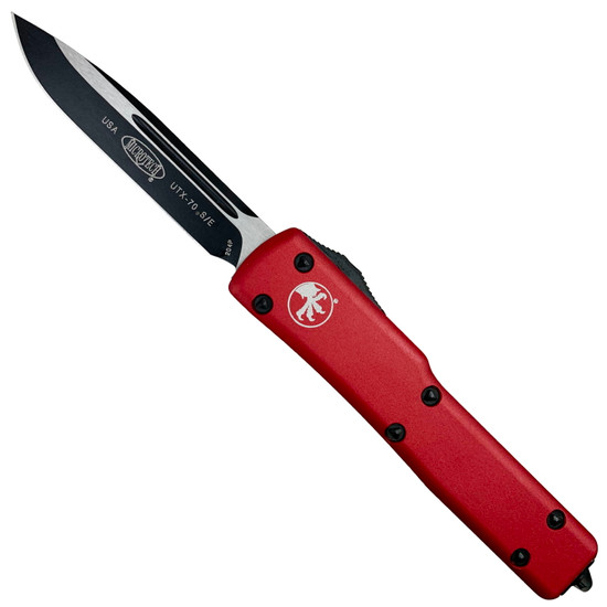 Microtech Red UTX70 OTF Knife, Black Finished Drop Blade