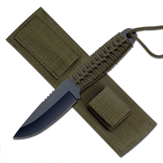 Survivor Knives HK-106C Army Green Paracord Fixed Blade Knife & Fire Starter, Black Blade