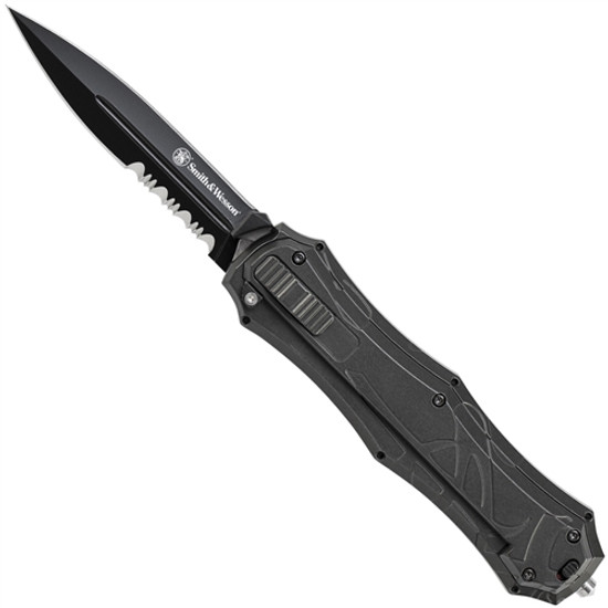 Smith & Wesson OTF9BS Dark Grey D/E OTF Spring Assist Knife, AUS-8 Black Combo Blade 