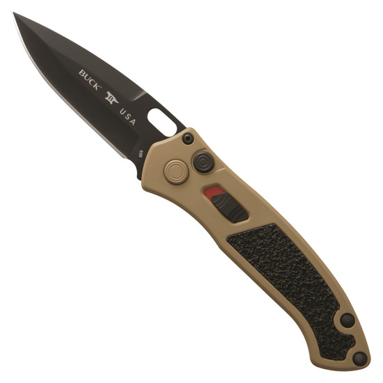 Buck Coyote Tan Impact Auto Knife, Black Blade FRONT VIEW