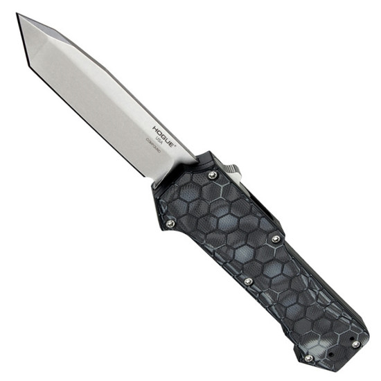 Hogue Knives Compound Black G-Mascus G-10 Tanto OTF Auto Knife, Tumbled Blade FRONT VIEW