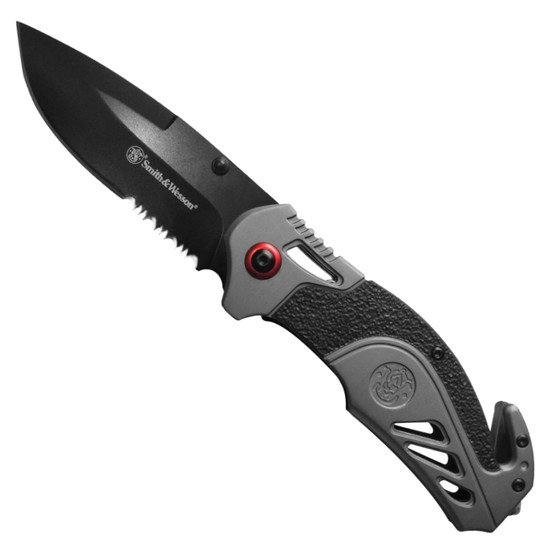 Smith & Wesson Grey Rescue Spring Assist Knife, Black Combo Blade FRONT VIEW