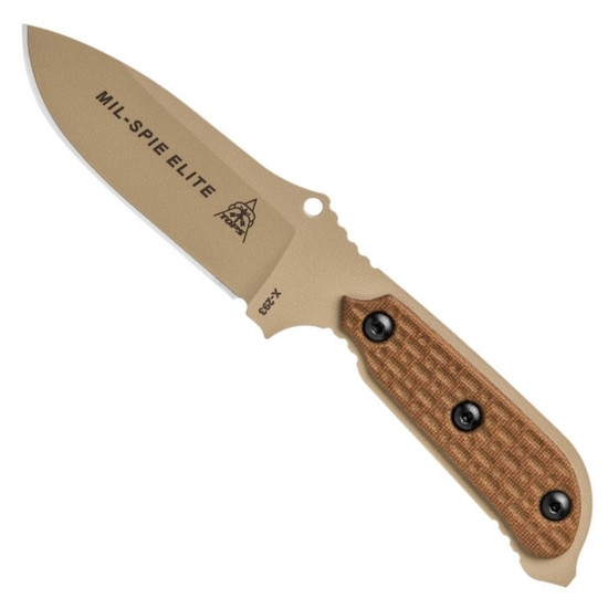 TOPS Mil-SPIE 3 Elite Fixed Blade Knife, Tan Micarta, Coyote Tan Blade FRONT VIEW