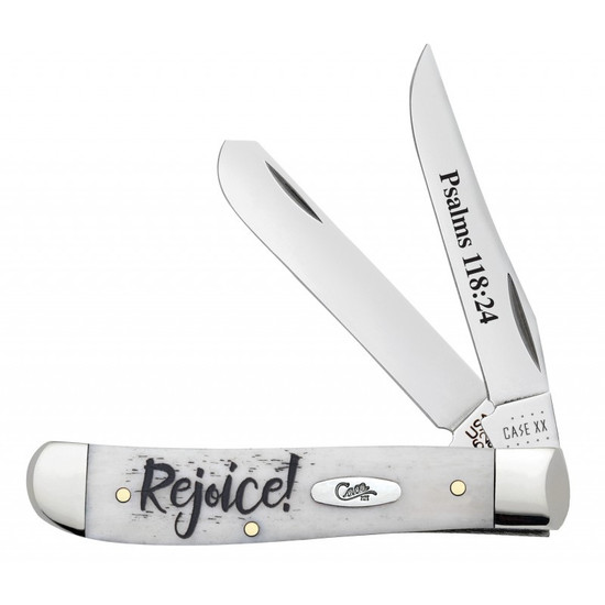 Case Religious Sayings "Rejoice" Natural Bone Smooth Mini Trapper Knife