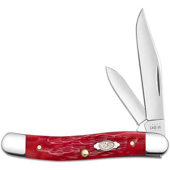 Case Dark Red Bone Peach Seed Jigged Trapper Folder Knife, Polished Finish Blades