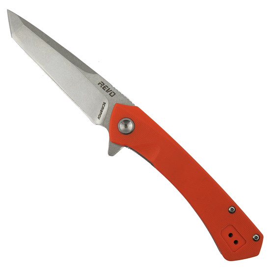 REVO Orange G-10 Warden Spring Assist Liner Lock Knife, Tanto Stonewash Blade