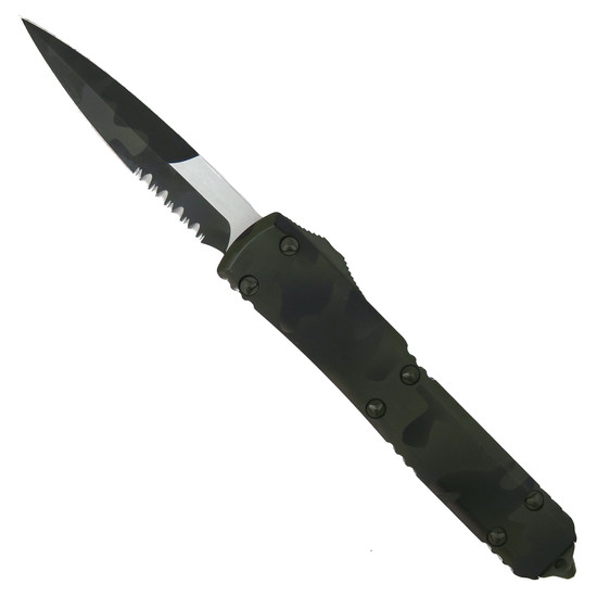 Microtech Signature Series Olive Camo Ultratech OTF Auto Knife, Part Serrated Bayonet