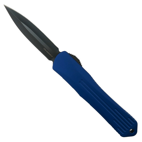 Heretic Knives Blue CF Manticore S OTF Knife, Black Dagger Blade