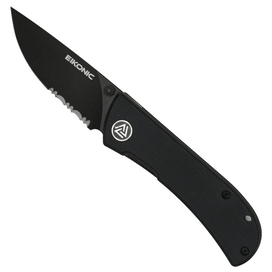 Eikonic Night Black G10 Fairwind Flipper Knife, Black Serrated Blade