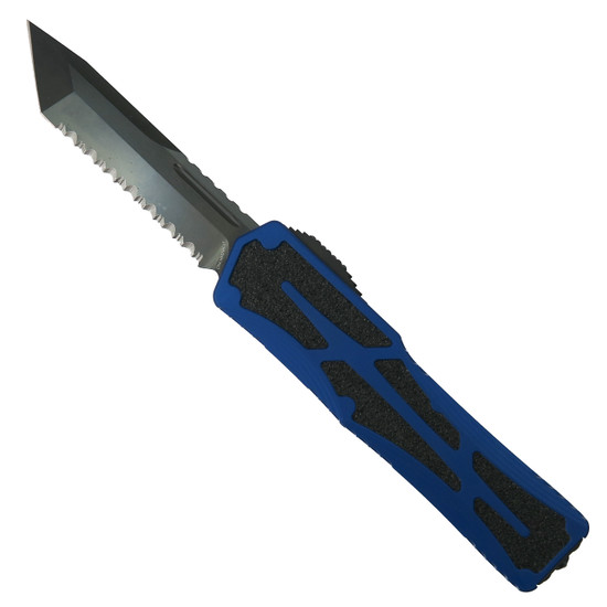 Heretic Knives Blue Colossus OTF Knife, Black DLC Serrated Tanto Blade