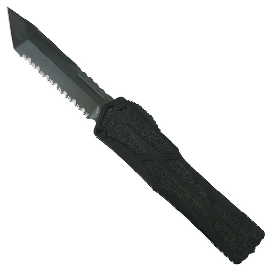 Heretic Knives Black Colossus OTF Knife, Black DLC Full Serrated Tanto Blade