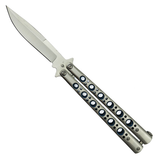 Classic Silver and Blue 6 Hole Butterfly Knife, Modified Bayonet Blade