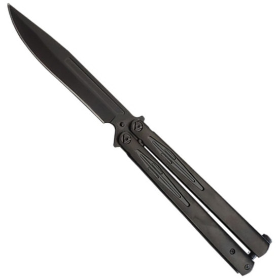 Knockout Black Butterfly Knife, Black Clip Point Blade