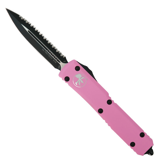 Microtech BC Pink Ultratech OTF Auto Knife, Full Serrated Black Blade