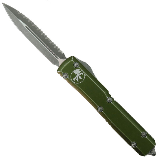 Microtech Distressed OD Green Ultratech OTF Knife, Stonewash Serrated Dagger Blade
