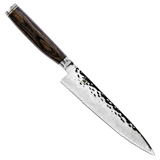 TDM0722 Premier Serrated Utility 6.5" Knife Hammered Blade, Walnut PakkaWood Handle