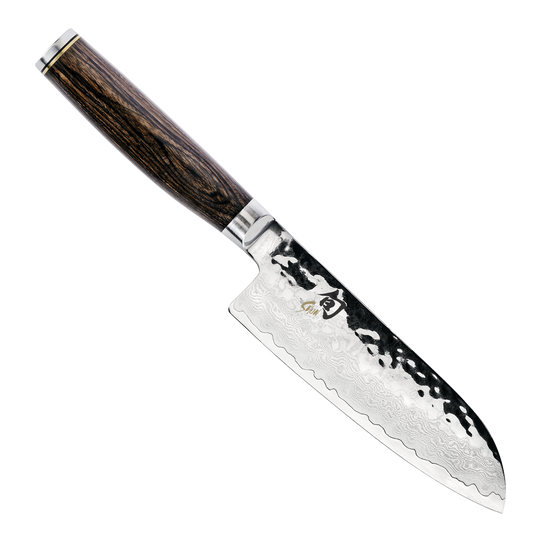 TDM0727 Premier Santoku 5.5" Knife Hammered Blade, Walnut PakkaWood Handle