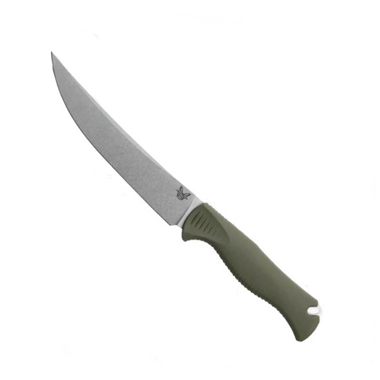 Benchmade Meatcrafter Dark Olive Santoprene Fixed Blade Knife, Stonewashed Trailing Point Blade