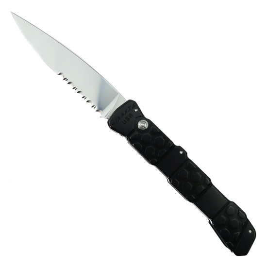 Piranha Black 21 Auto Knife, Serrated Mirror Blade