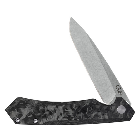 Case Black Marbled Carbon Fiber Kinzua Flipper Knife, Stonewash Drop Blade