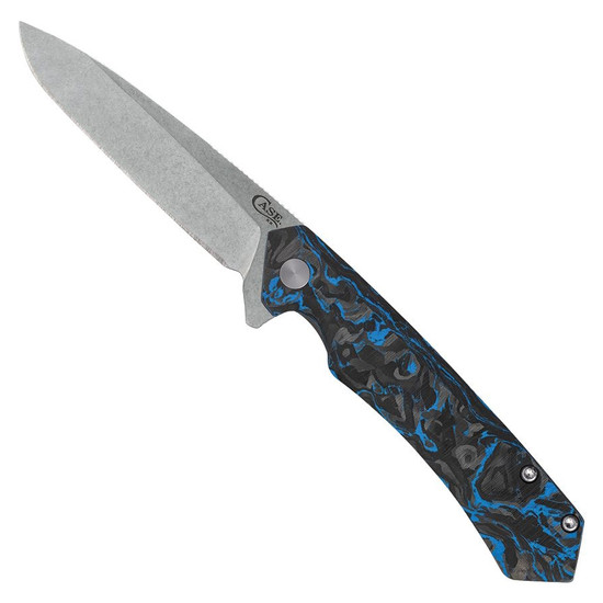 Case Blue and Black Marbled Carbon Fiber Kinzua Flipper Knife, Stonewash Drop Blade