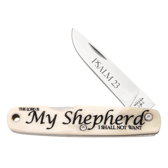 Bear & Son Smooth White Bone Scripture Series Psalms 23 Executive Slip Joint Knife, Satin Blade