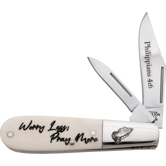 Bear & Son Smooth White Bone Scripture Series Philippians 4:6 Executive Slip Joint Knife, Satin Blade