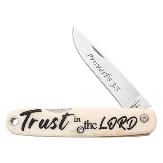 Bear & Son Smooth White Bone Scripture Series Proverbs 3:5 Executive Slip Joint Knife, Satin Blade