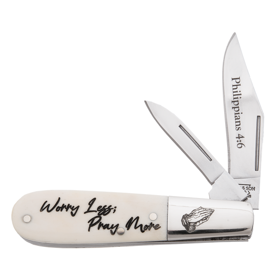 Bear & Son Smooth White Bone Scripture Series Philippians 4:6 Barlow Slip Joint Knife, Satin Blade