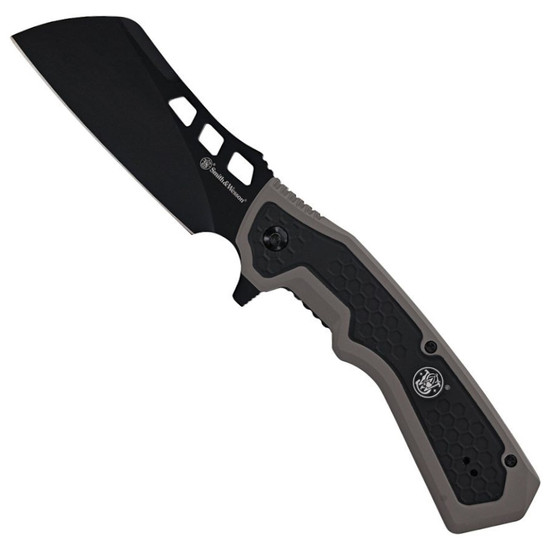 Smith & Wesson Extraction and Evasion Gray and Black Rubberized Aluminum Spring Assist Knife, Black Oxide Cleaver Blade
