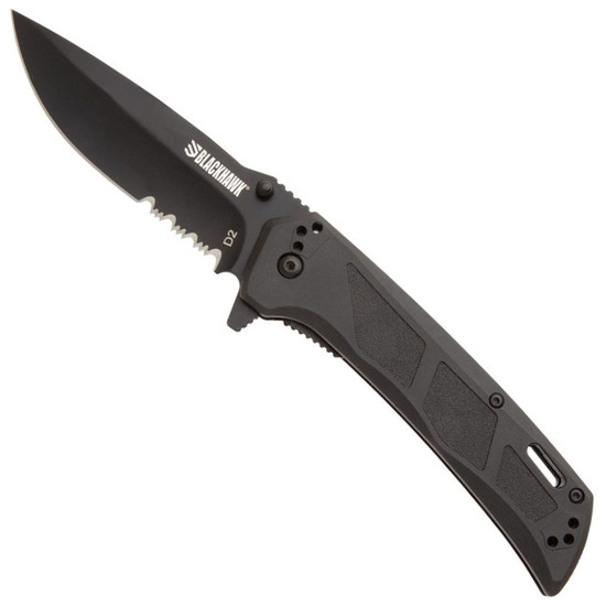 Bear & Son Black Zytel BLACKHAWK Bunker Buster Liner Lock Knife, Partially Serrated Black DLC Drop Point Blade