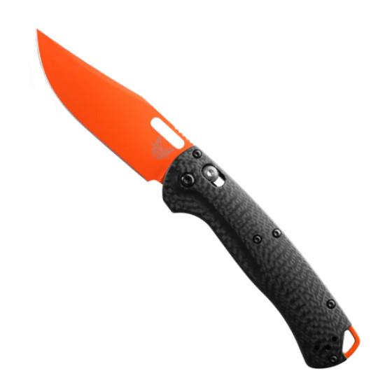 Benchmade Taggedout AXIS Gray Carbon Fiber Folding Knife, CPM-MagnaCut Orange Clip Point Blade