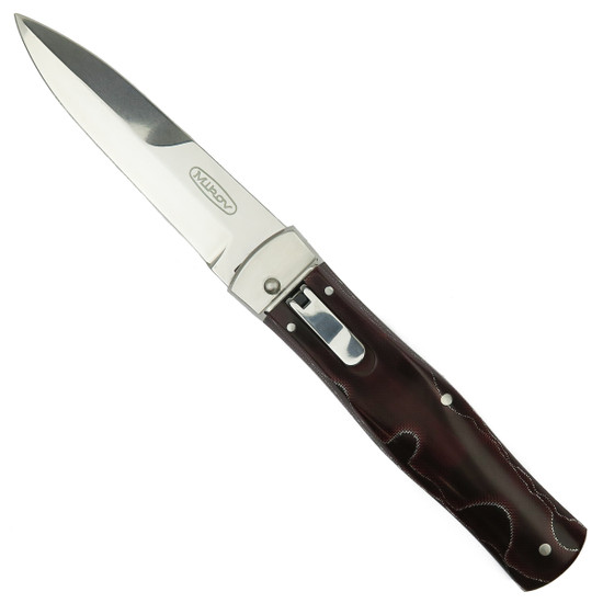 Mikov 241 Predator Red Raffir Handle Leverlock Auto Knife, Single Edge Dagger