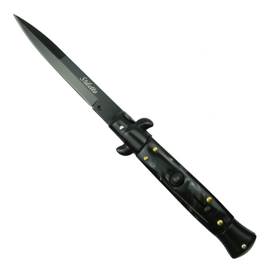 Black Marbled Godfather Stiletto Knife, Black Blade