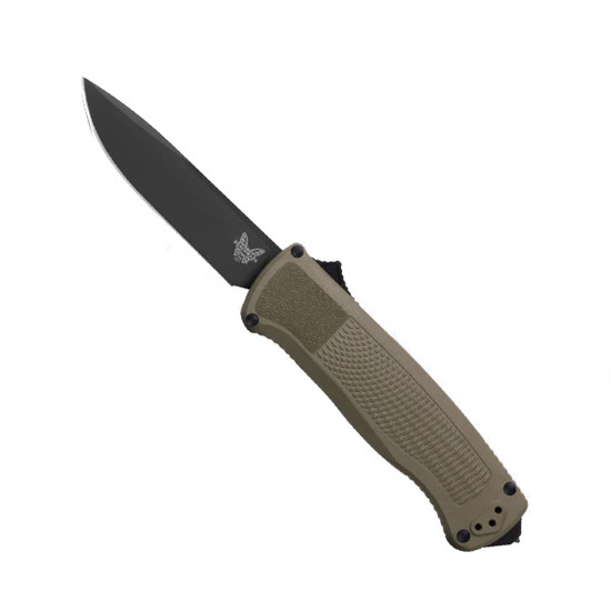 Benchmade Shootout Ranger Green Grivory Out The Front Knife, Black DLC Drop Point Blade