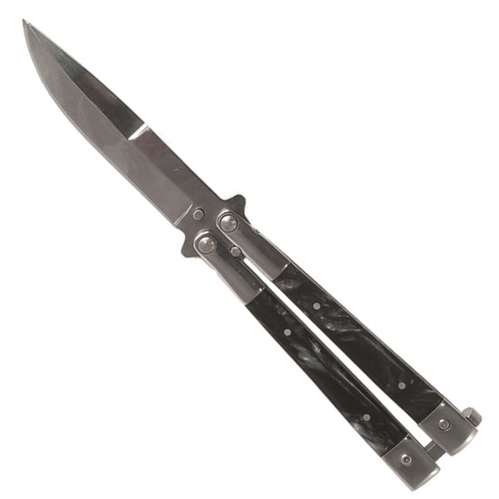 Black Pearlized Insert Butterfly Knife , Mirror Polished Drop Point Blade