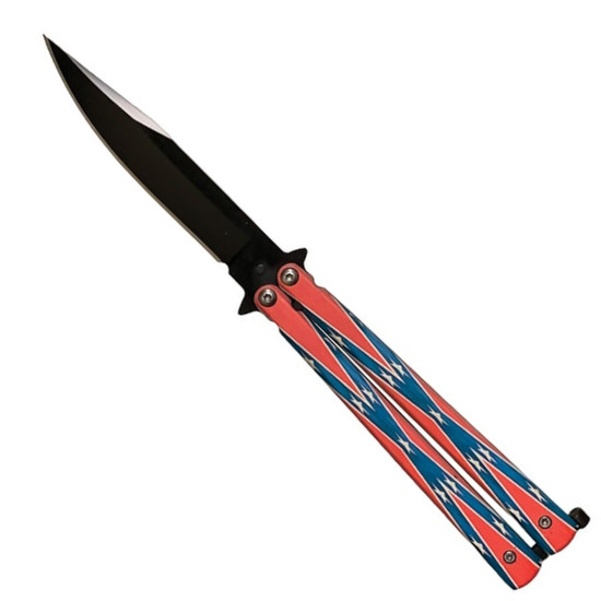 Smooth Scale Confederate Flag Butterfly Knife, Black Clip Blade