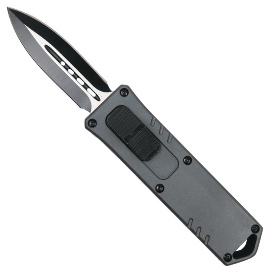 Compact Commando Stubby Gray OTF Auto Knife, Black and Satin Dagger Blade