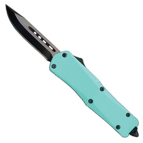 Smooth Operator Turquoise Coated Covert OTF Auto Knife, Black Clip Point Blade