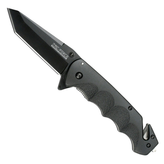 Tac-Force TF-499BT All Black Grooved Spring Assist Knife, Black Combo Tanto Blade