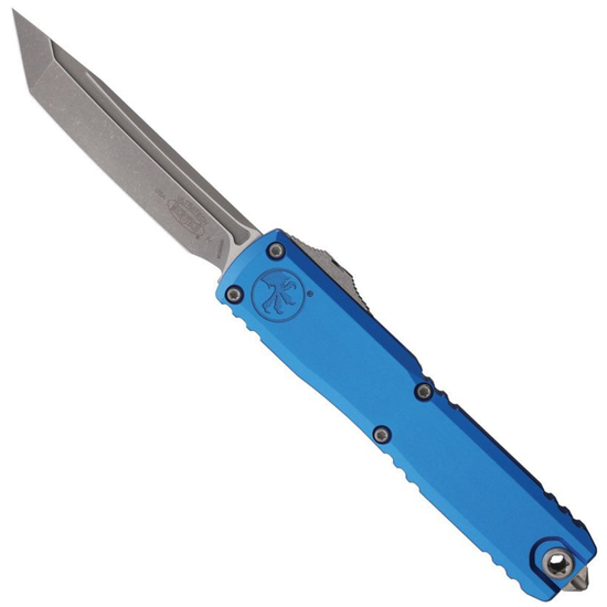 Microtech Gen IV Blue Ultratech OTF Auto Knife, Apocalyptic Finish Tanto Blade