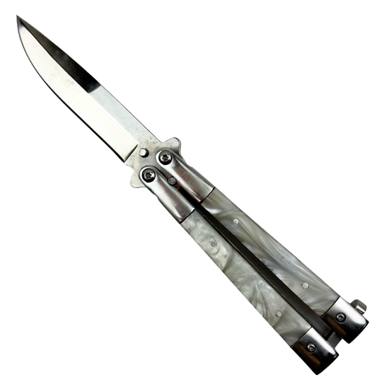 White Pearlized Insert Butterfly Knife, Mirror Polished Drop Point Blade