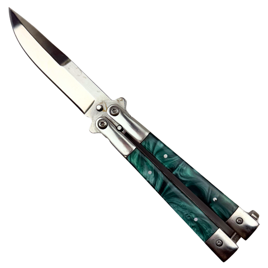 Green Pearlized Insert Butterfly Knife, Mirror Polished Drop Point Blade