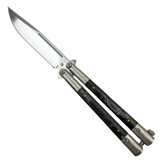 Black Marbleized Pearl Inlay Butterfly Knife, Satin Blade